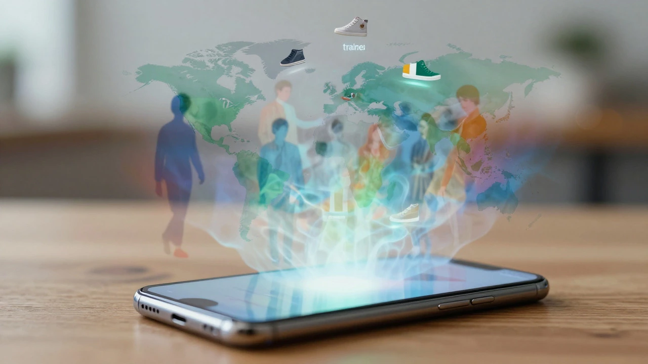 Surreal concept of merging cultures and floating shoes around a phone