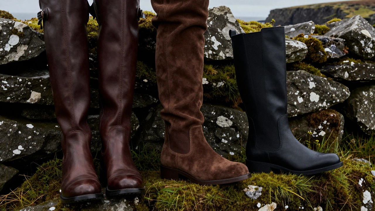 Three styles of long boots on stone wall by Irish coast