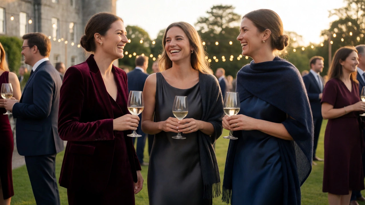 Three women in monochromatic evening wear laughing at an outdoor Irish gala.