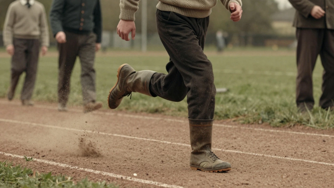 Vintage illustration of a runner on a track highlighting shoe origins