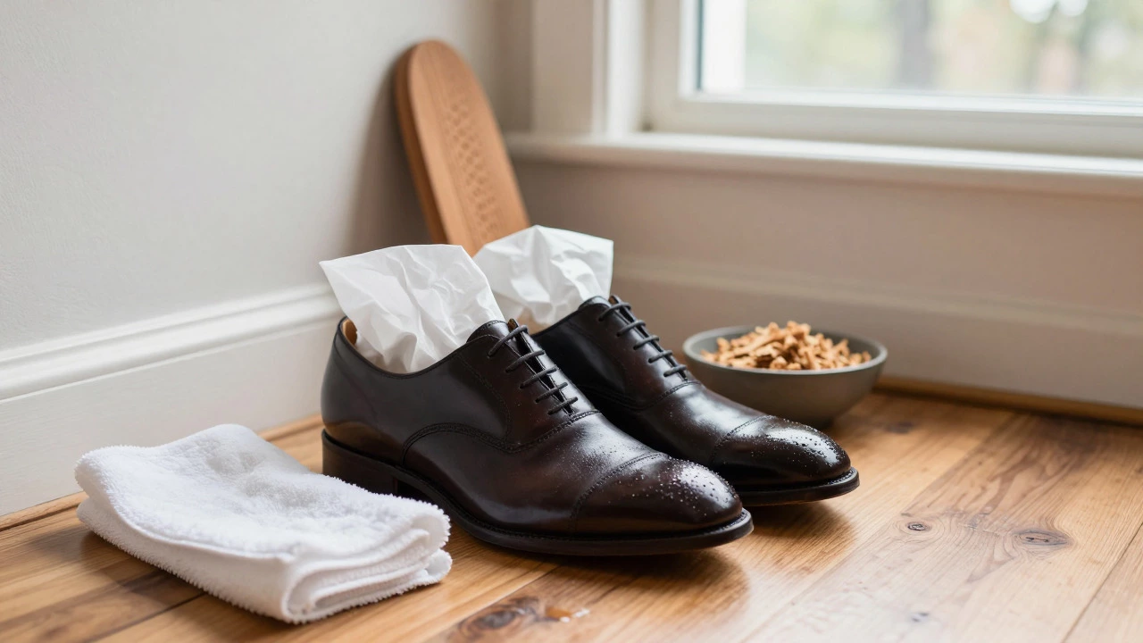 Wet leather shoes drying naturally indoors with tissue paper stuffing and a towel nearby