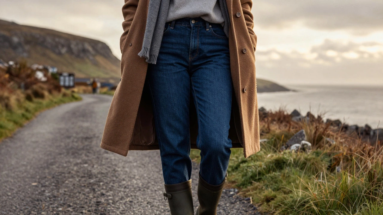 Woman in layered winter outfit with mom jeans by Irish coast