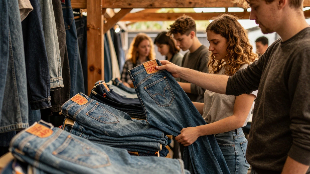 Young shoppers browsing vintage straight-leg jeans at a rustic Irish flea market stall.