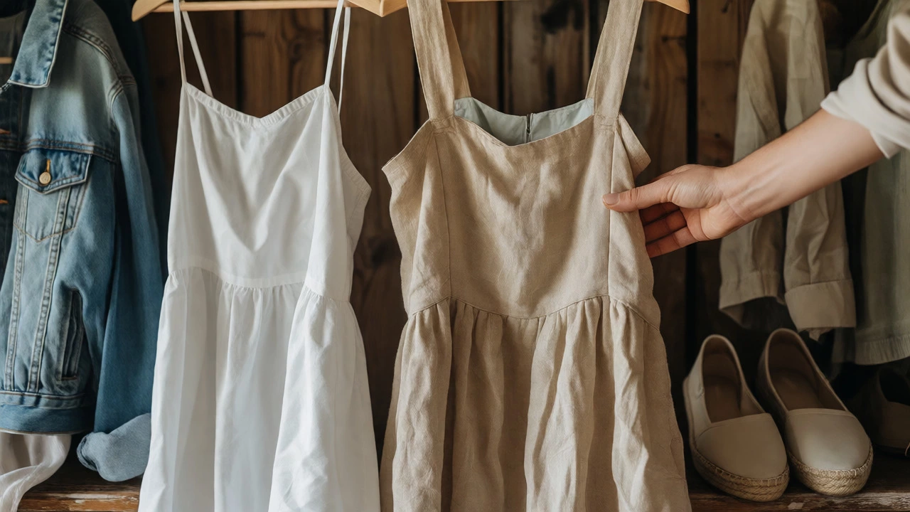 Close-up of cotton and linen sundresses with denim jacket and sandals