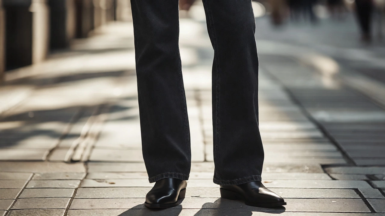 Close-up of straight-leg dark jeans with pointed-toe shoes