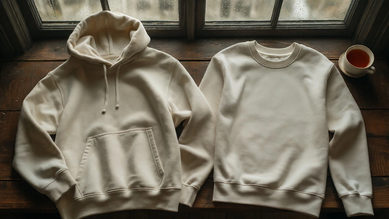 Comparison of a hooded sweatshirt and a plain crewneck sweatshirt on a wooden table.