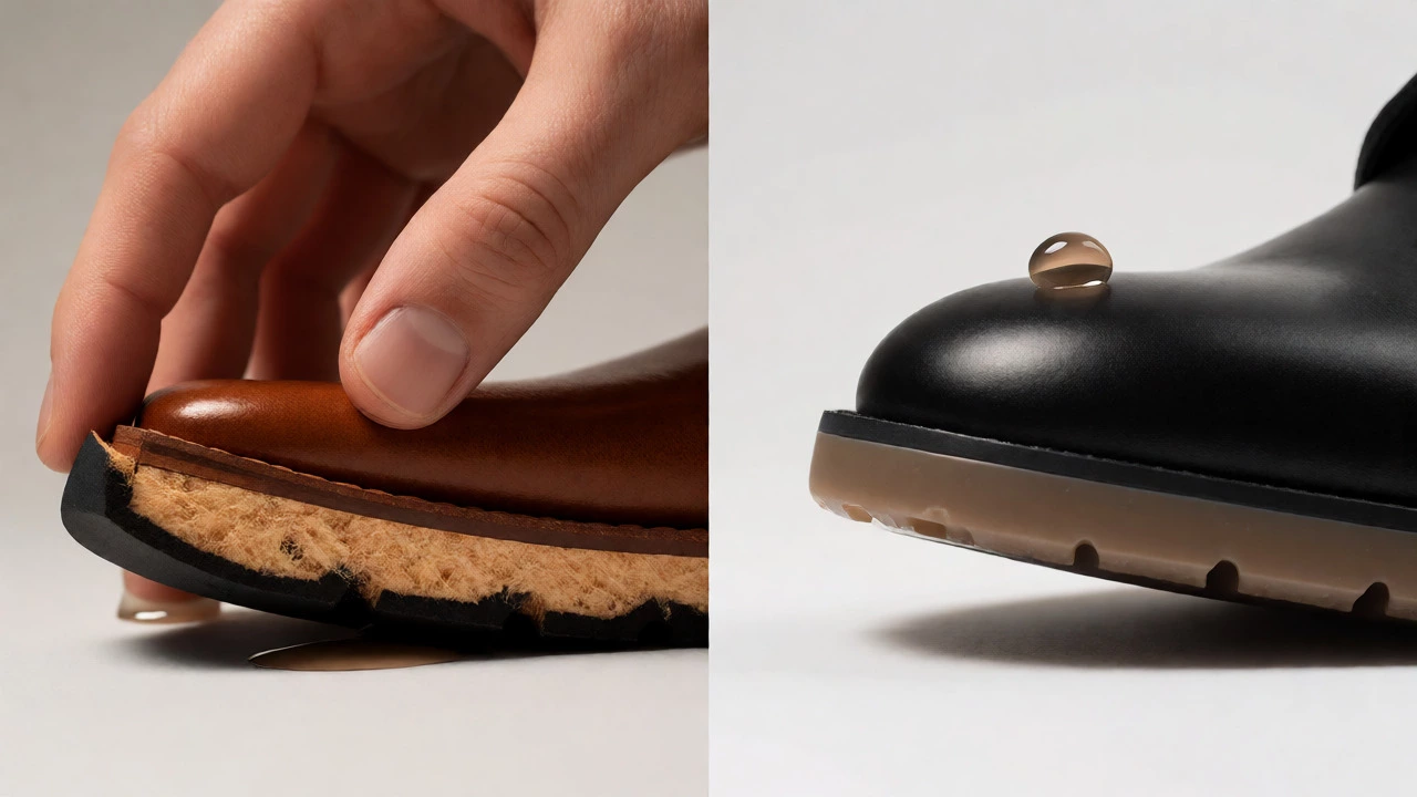 Comparison of genuine leather texture versus synthetic PU material on shoe edges with water droplets.