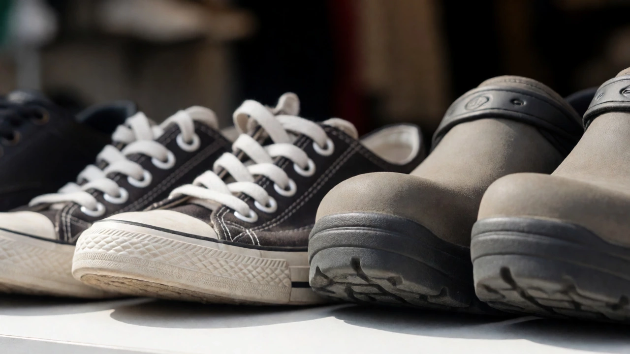 Comparison of worn-out canvas sneakers and supportive ergonomic work clogs.