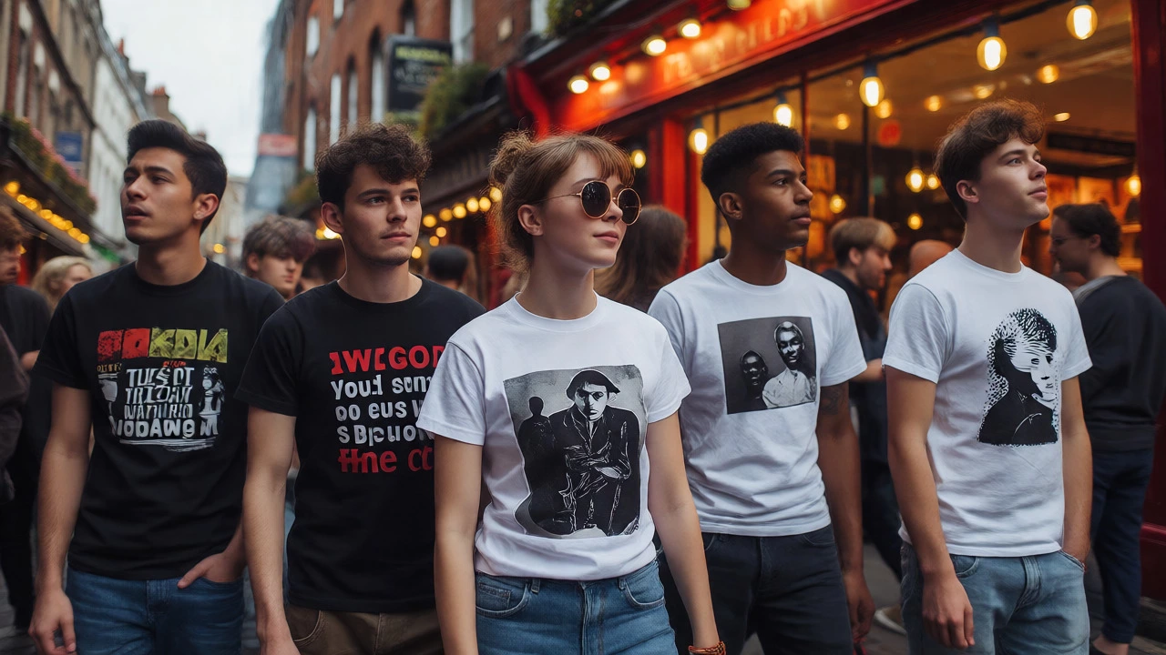 Crowd of people in Dublin wearing various printed T-shirts