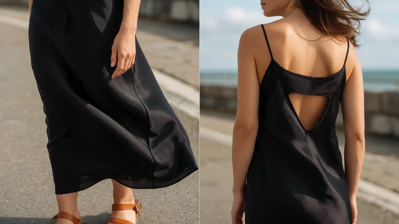 Detail of black silk slip dress with open back by the sea