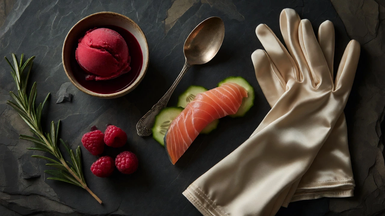 Flat lay of berry sorbet, smoked salmon, and satin gloves representing refined royal dining etiquette.