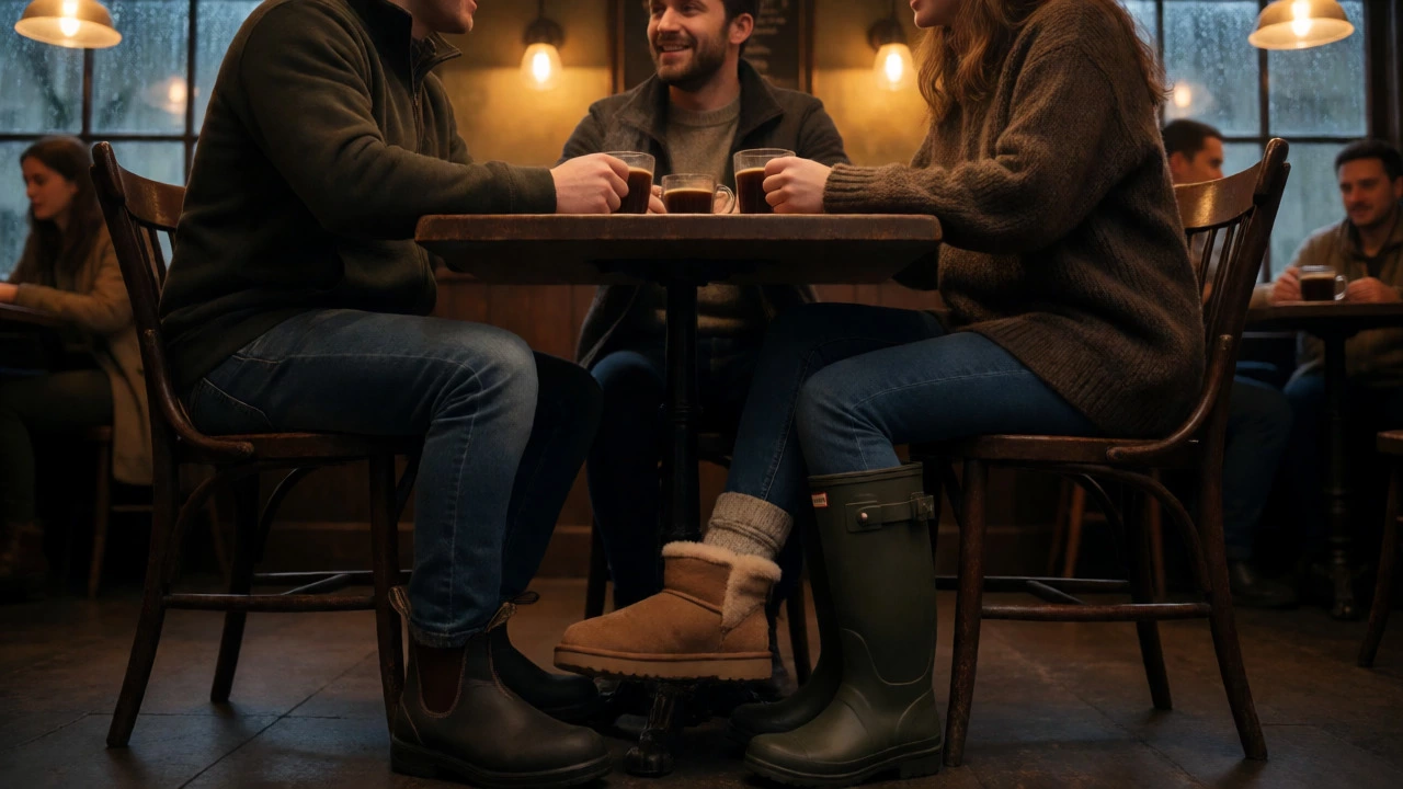 Friends gather in an Irish pub, showcasing various winter boots under the table.