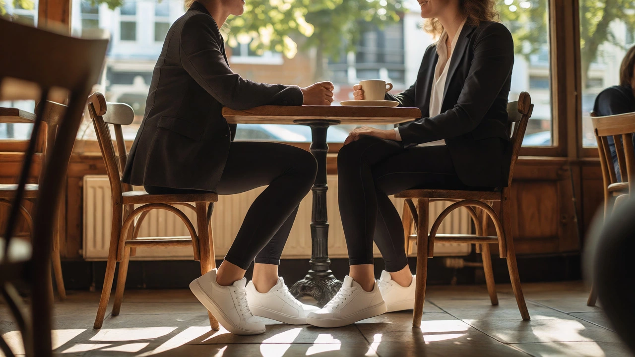 Friends in smart athleisure wear chatting in a sunlit Dublin cafe