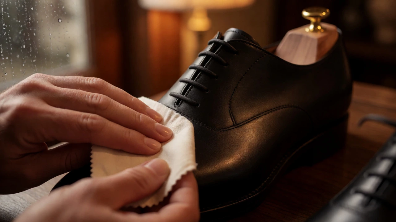 Hands applying beeswax conditioner to black calfskin oxfords indoors