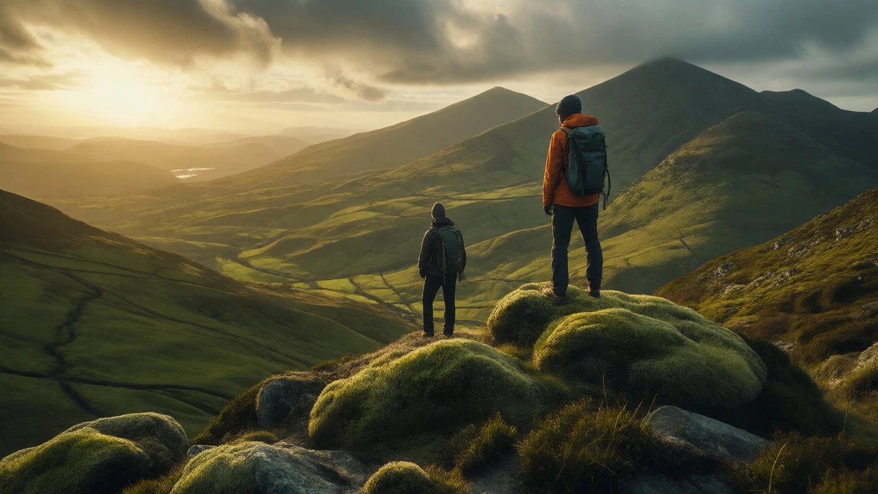 Hiker standing on a ridge in Wicklow Mountains National Park at sunset.