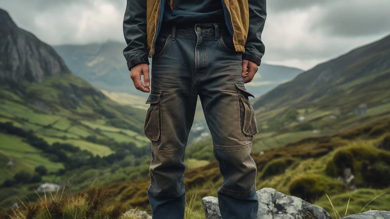 Hiker wearing durable utility cargo jeans against the Wicklow Mountains