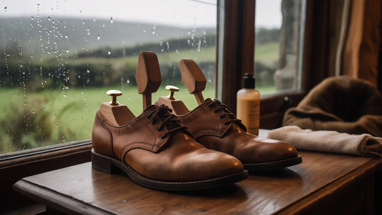 Leather Hush Puppies shoes with cedar trees and conditioner near a window overlooking rainy Irish scenery.