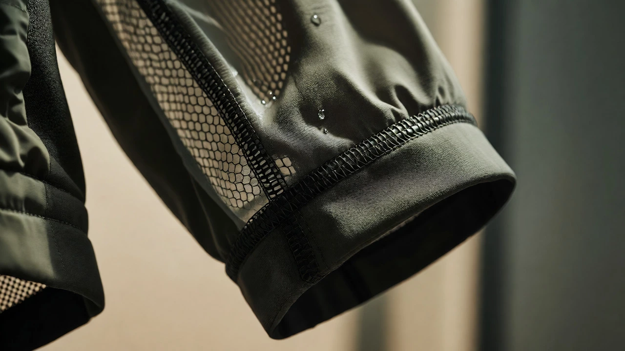 Macro close-up of water-resistant seamless athletic fabric with beading water droplets