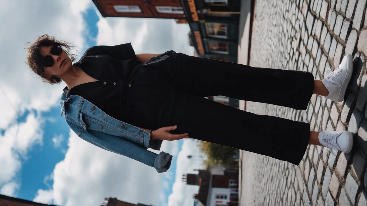 Person in black jumpsuit with denim jacket on Dublin street