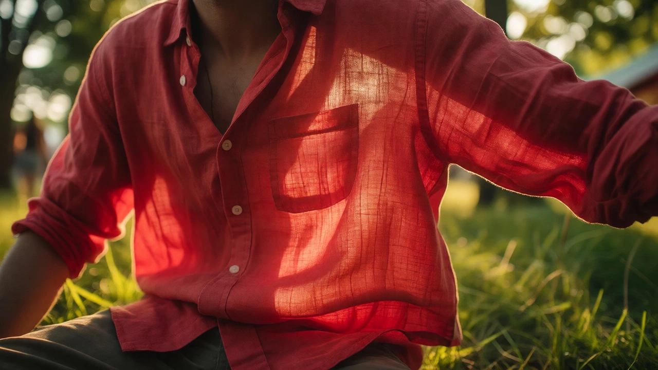 Person in red linen shirt at an outdoor Irish festival