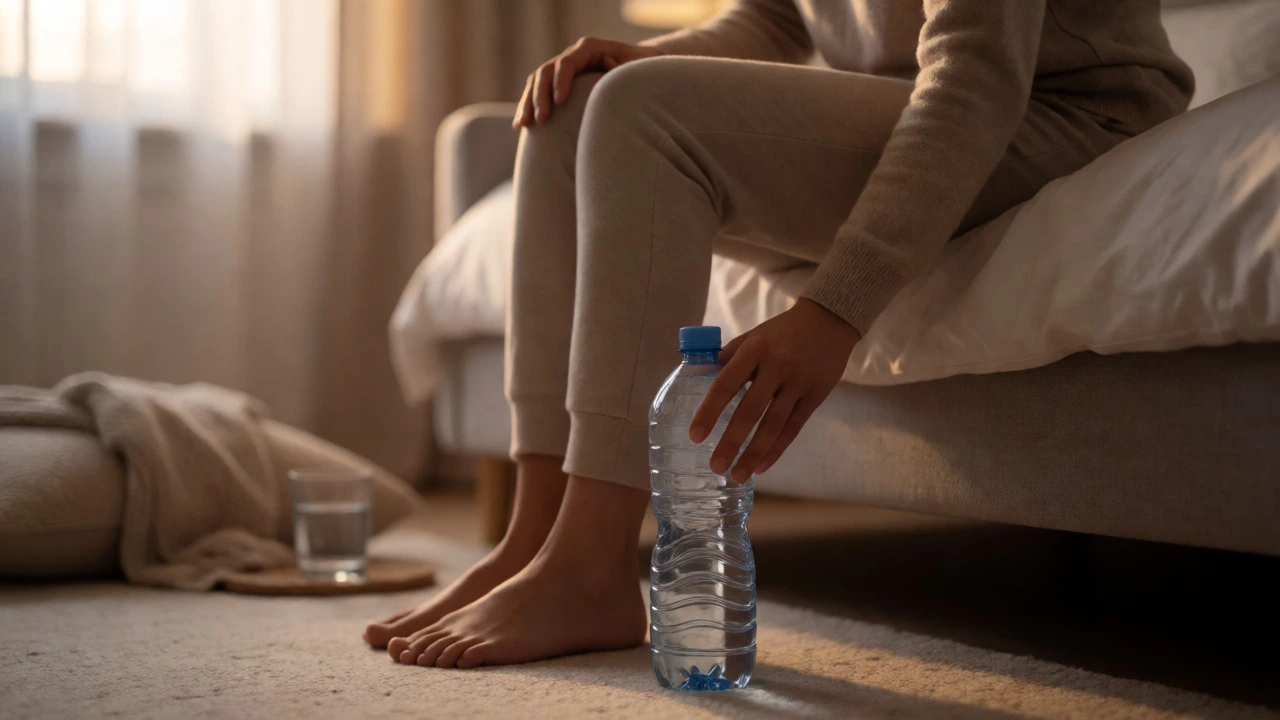 Person rolling a frozen water bottle under their foot for pain relief.