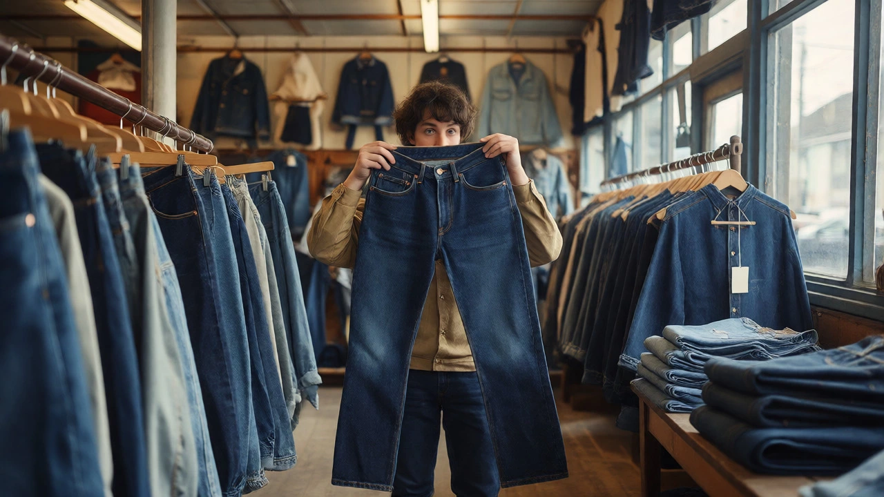 Person trying on sustainable dark indigo straight-leg jeans in a vintage shop