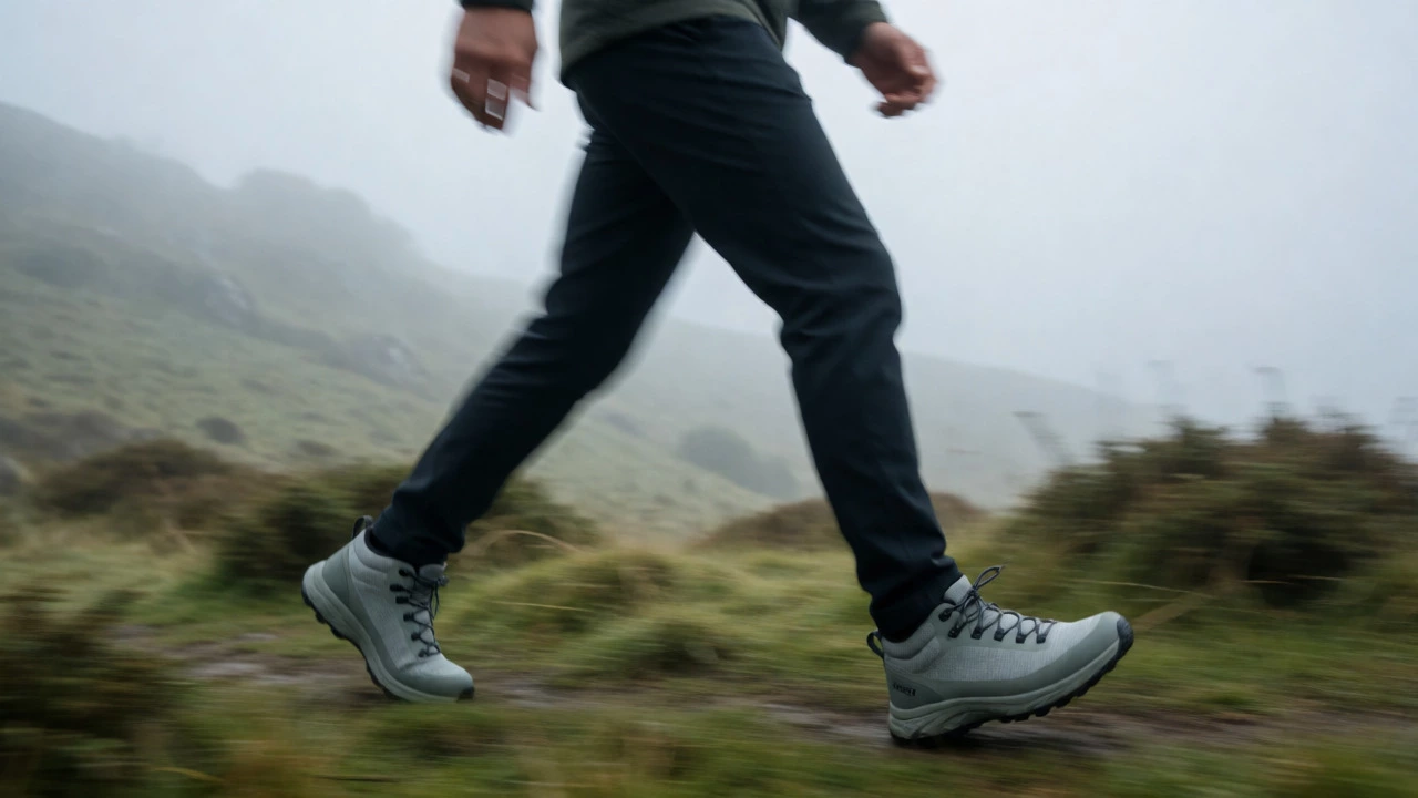 Person walking in misty hills wearing lightweight kangaroo leather boots