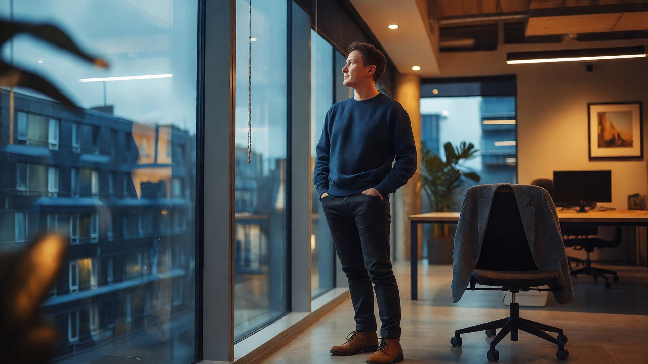 Professional wearing a navy crewneck sweatshirt in a modern Dublin office setting.