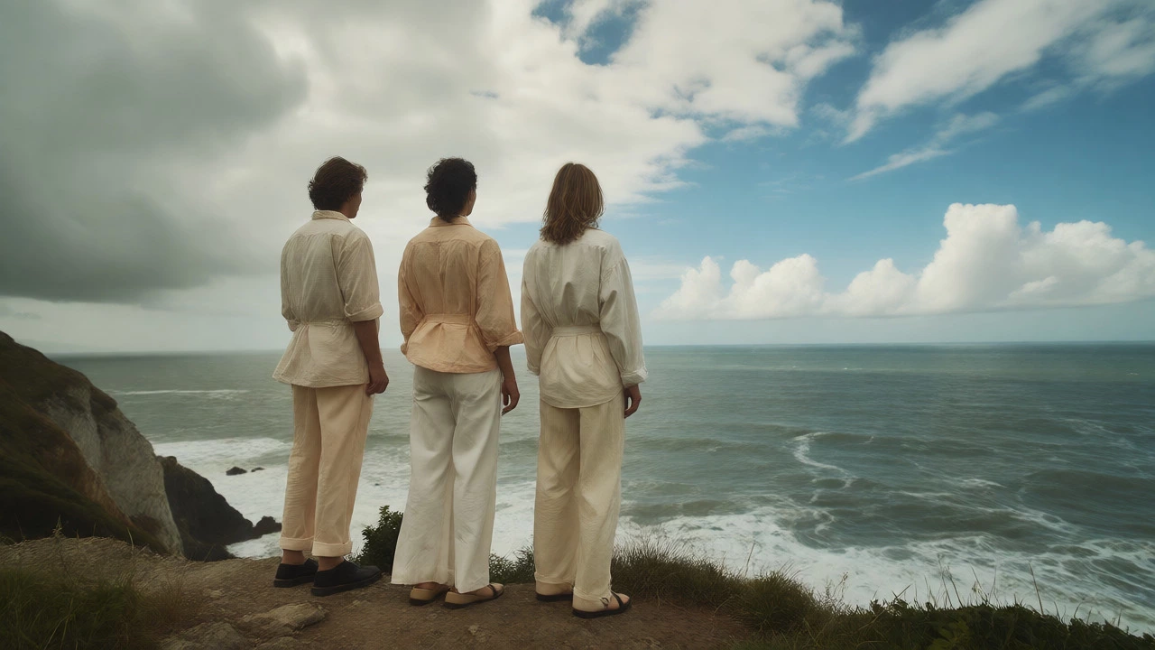 Two people in light cotton clothes on an Irish coastal cliff