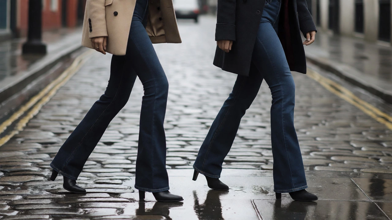 Two women in dark bootcut jeans walking on a rainy street