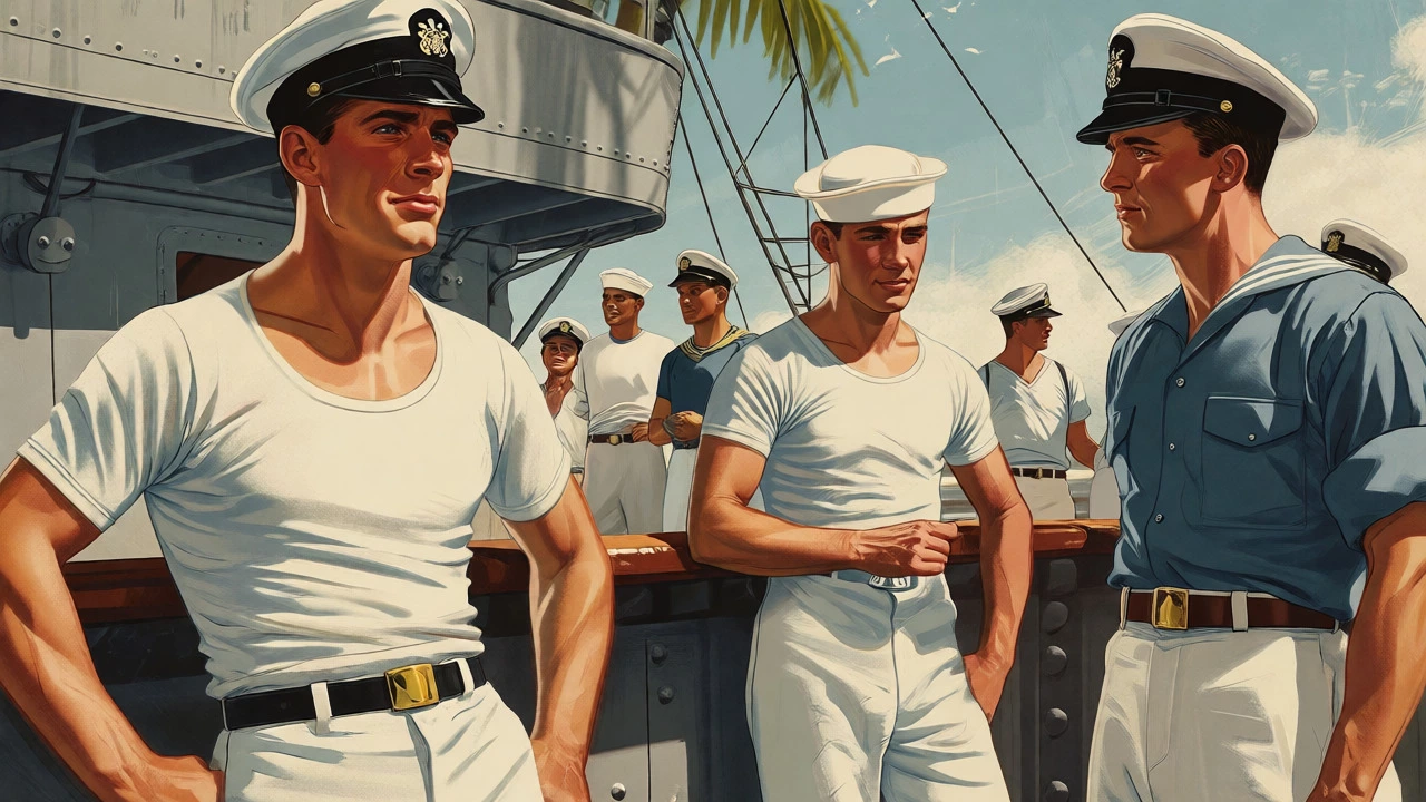Vintage illustration of sailors wearing undershirts on a ship deck