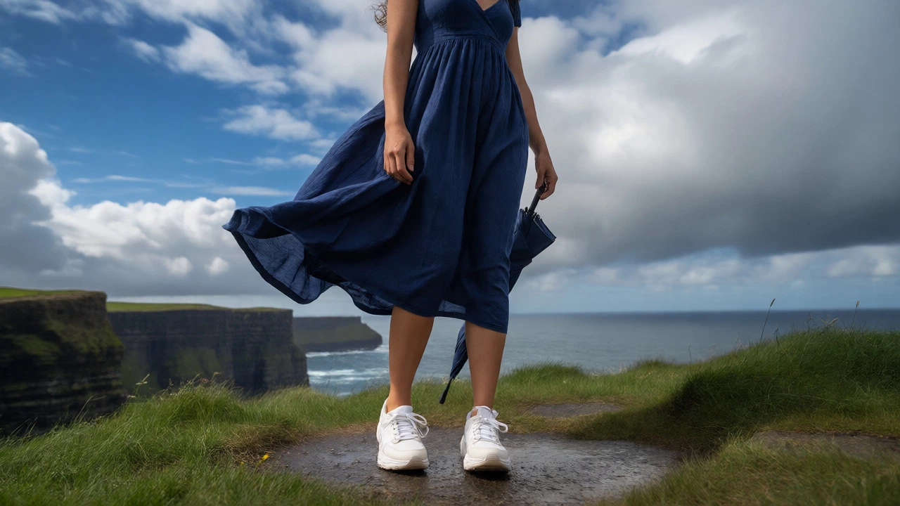 Woman in navy midi sundress standing on windy Irish coastal cliffs