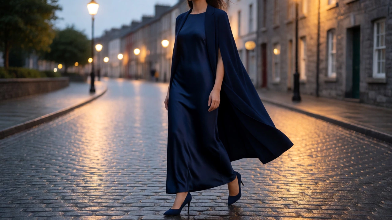 Woman in navy monochromatic gown walking Galway streets