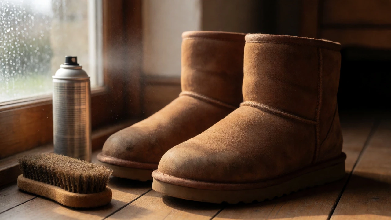 Worn chestnut UGG boots sit by a window with care products nearby.