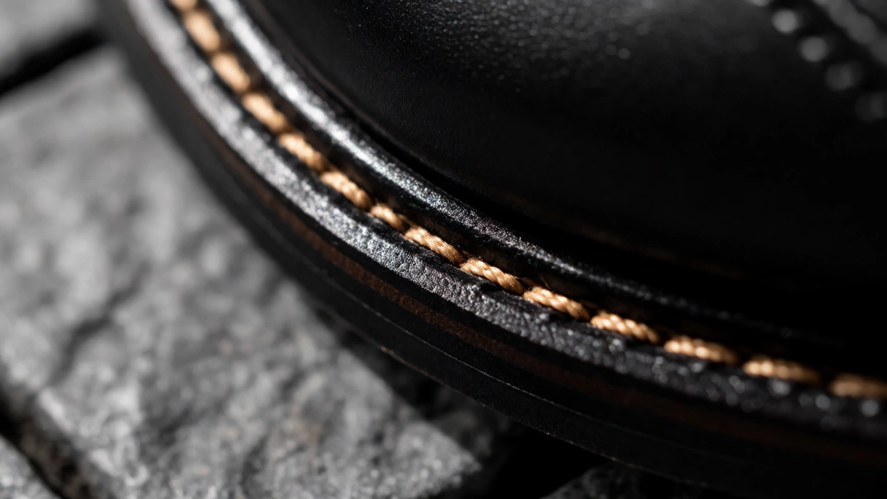 Close-up of Goodyear welt stitching on a leather shoe sole