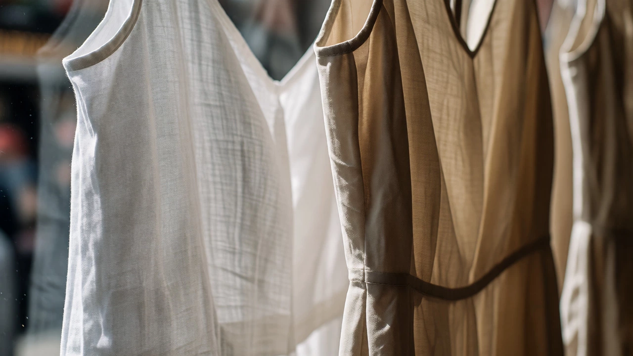 Close-up of linen and Tencel summer dresses in a Dublin boutique window, highlighting fabric textures.