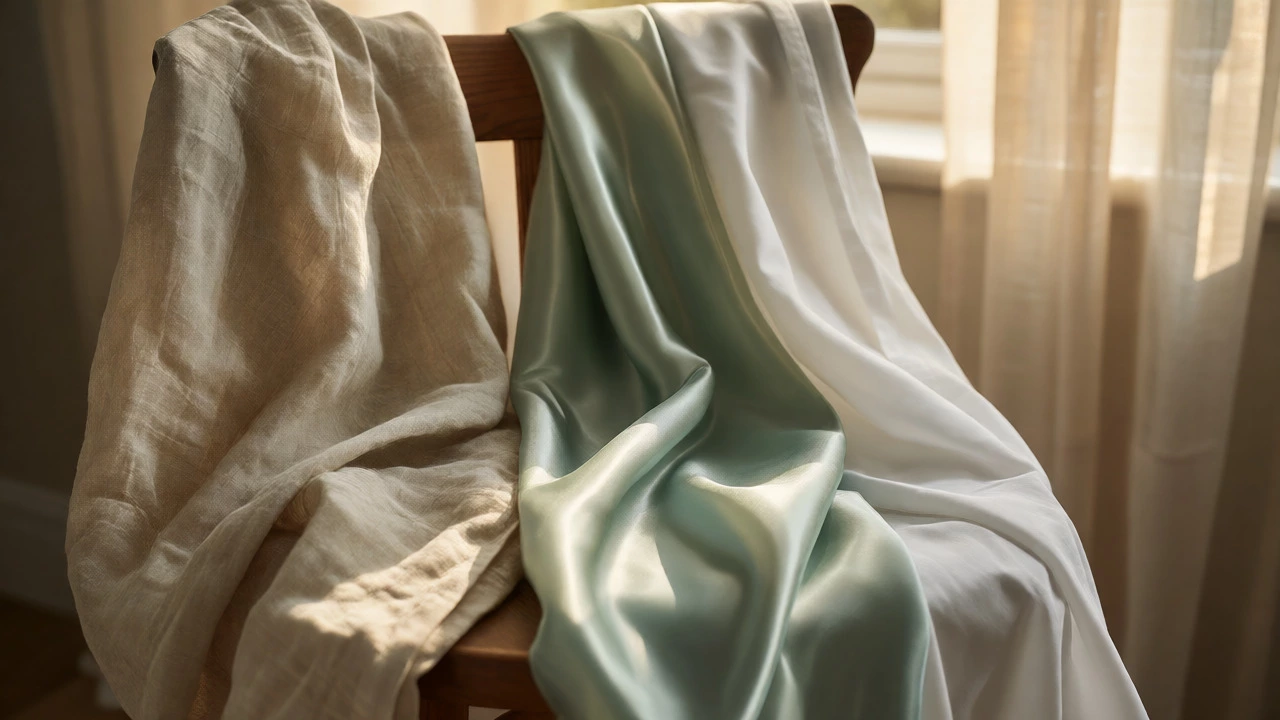 Close-up of linen, Tencel, and cotton fabrics draped on a chair in warm sunlight