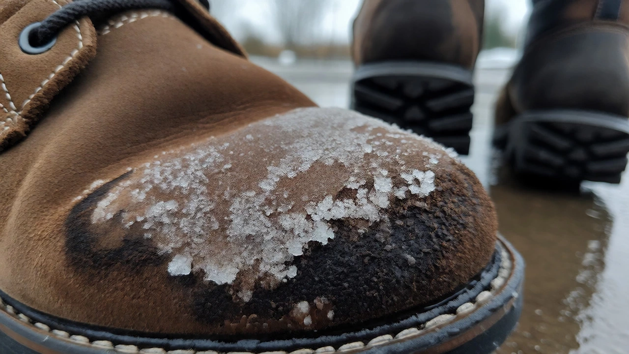Close-up of wet sheepskin boots with salt stains next to waterproof alternatives