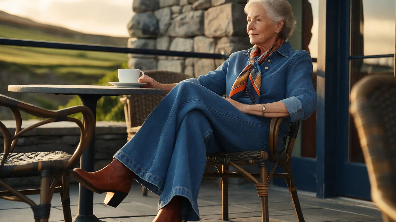 Elderly woman in wide-leg denim trousers relaxing at an Irish coastal cafe