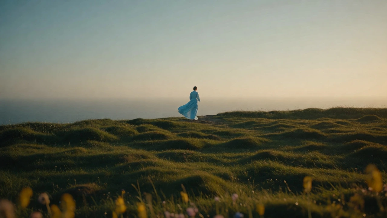Figure in pastel blue dress at Cliffs of Moher, blending with the ocean horizon in evening light.