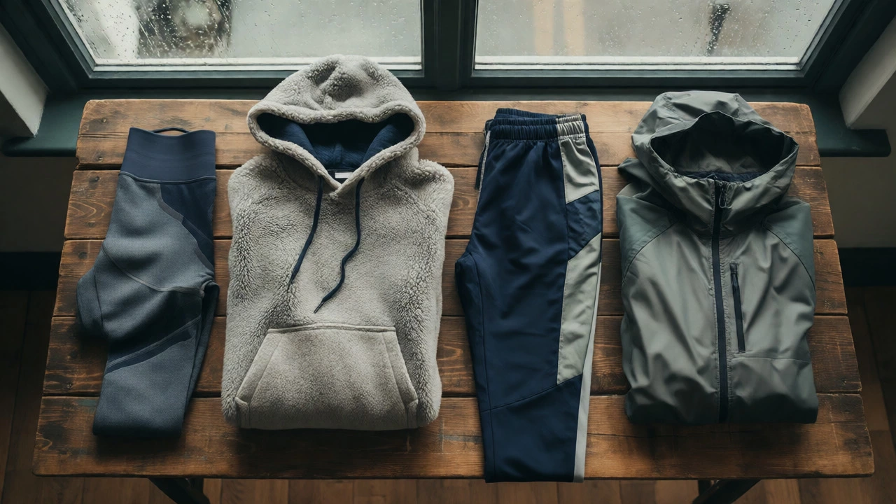 Flat lay of athletic tights, fleece hoodie, and hybrid track pants arranged on a wooden table.