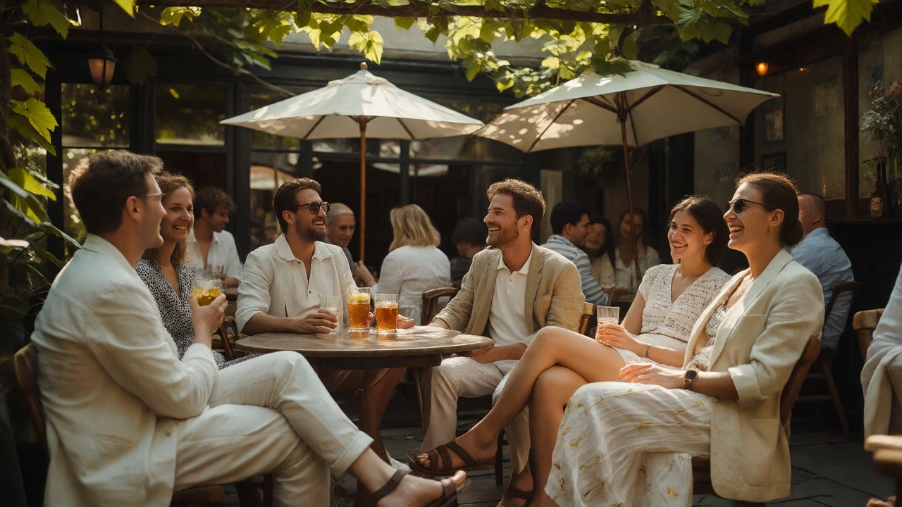 Friends in light summer clothes relaxing in a Dublin pub garden during a heatwave