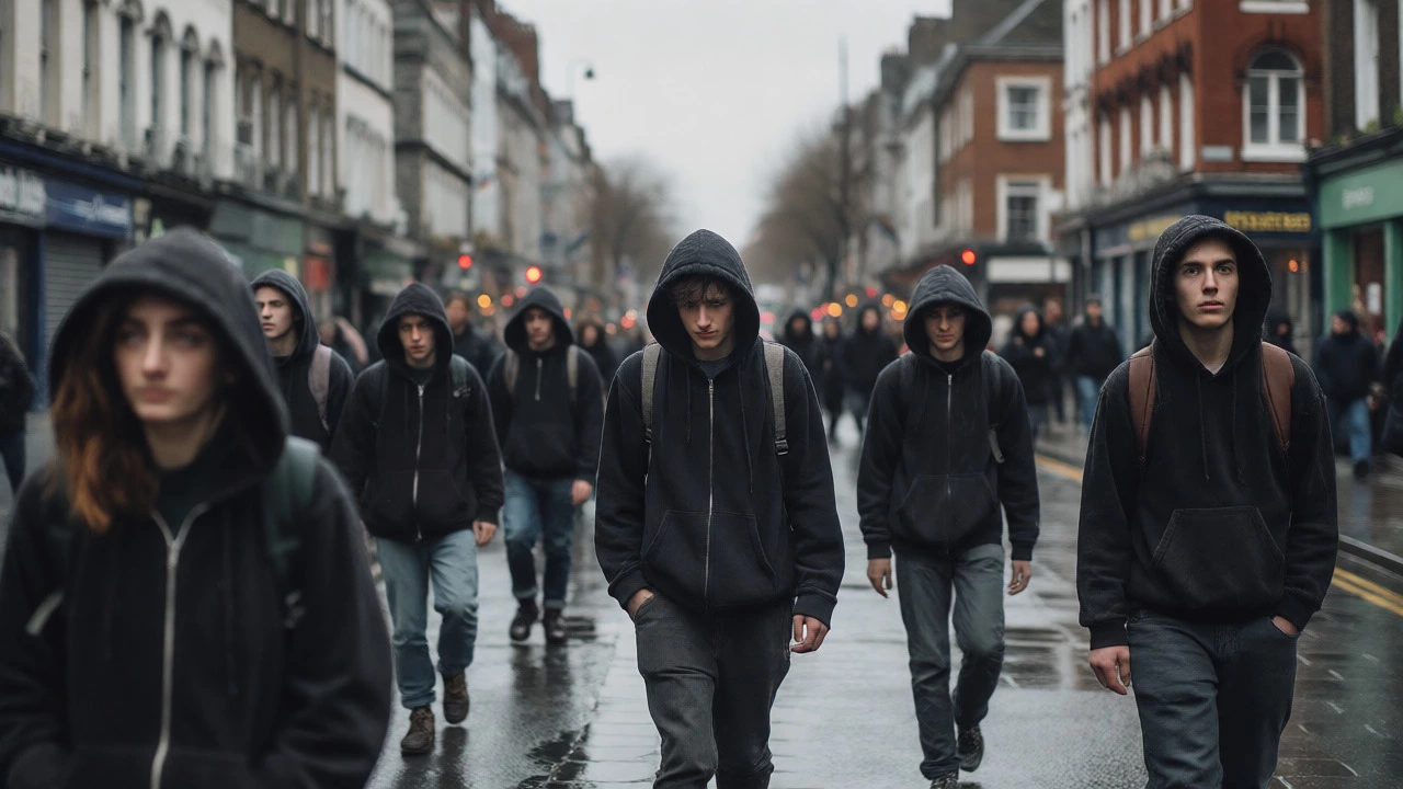 Group of youths in matching dark hoodies walking down a rainy Dublin street