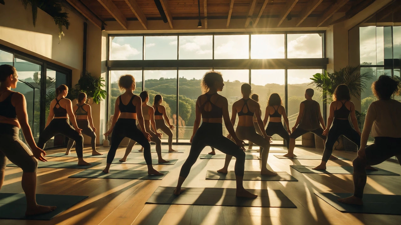 Group practicing yoga in a sunlit modern studio with views of Irish greenery