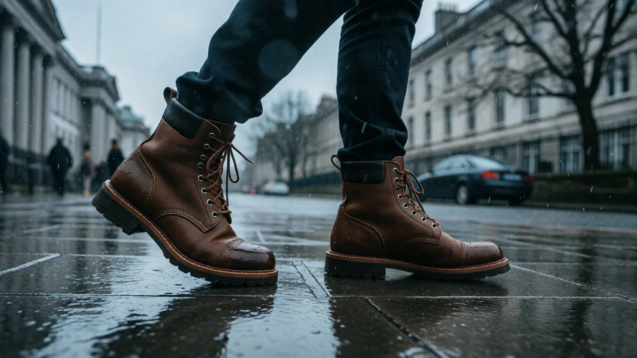 Leather boots walking on wet cobblestones in rainy Irish weather