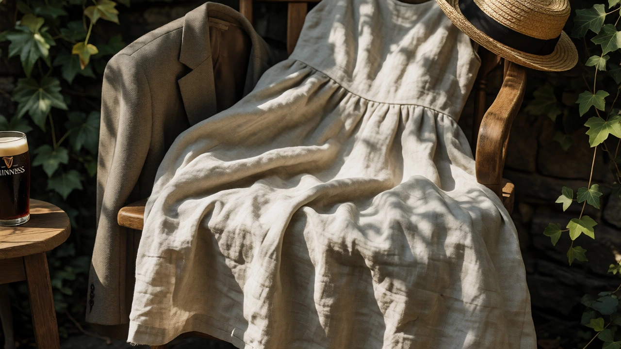 Linen sundress and blazer in sunny pub garden setting