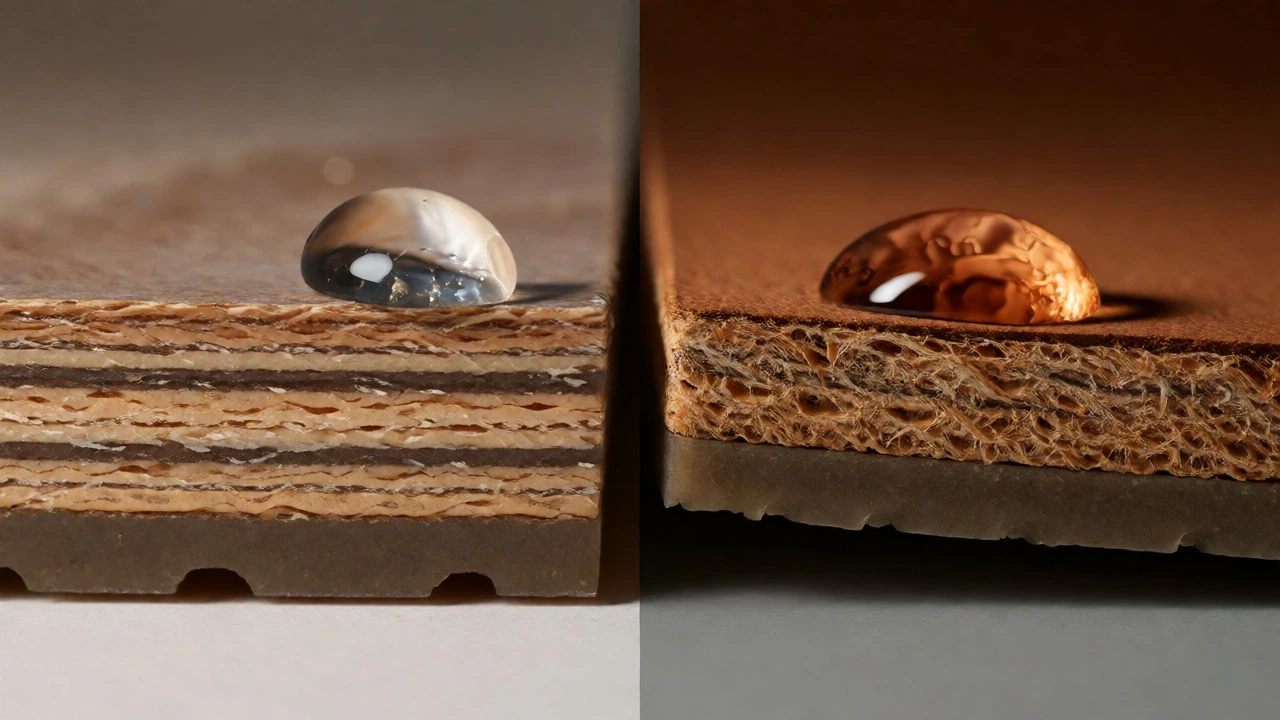 Macro comparison showing the fibrous edge of real leather versus layered bonded leather.