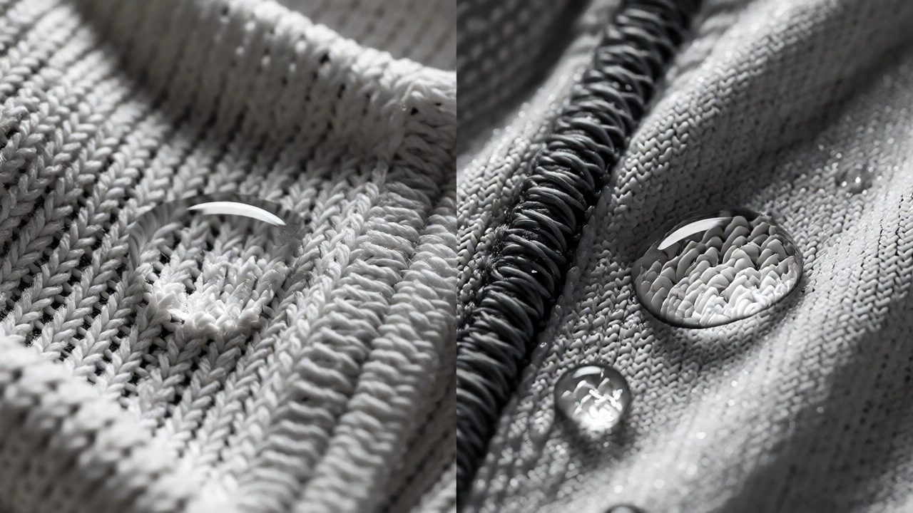 Macro shot comparing cotton absorption vs synthetic wicking fabrics