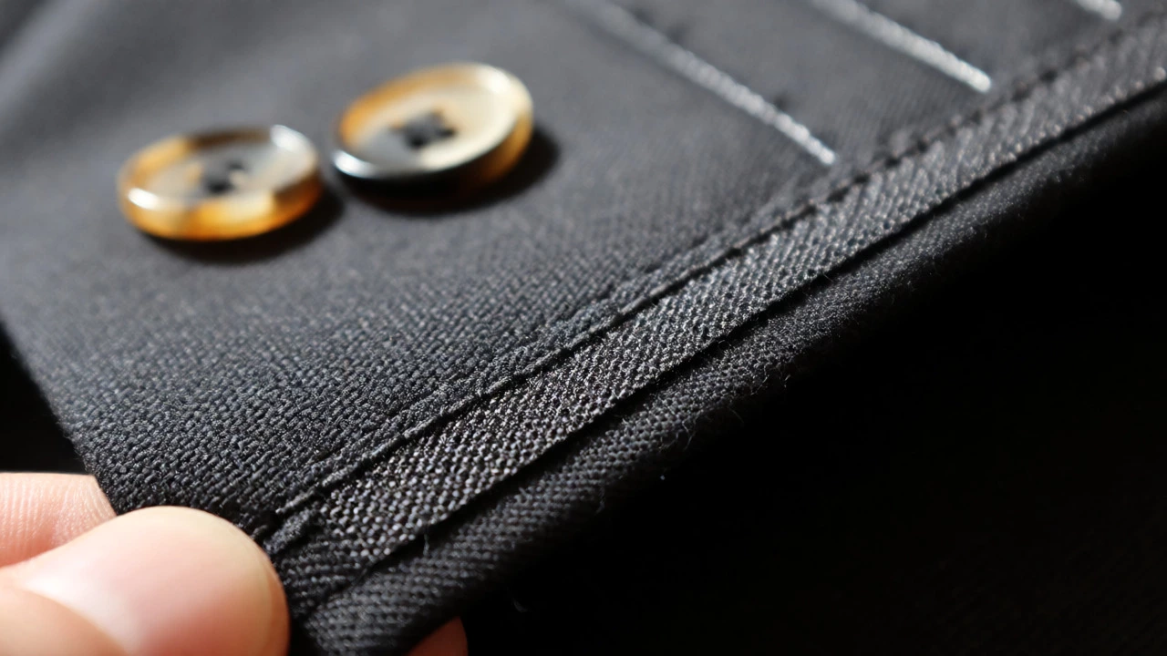 Macro shot showing canvas layer inside a tailored suit lapel and horn buttons.