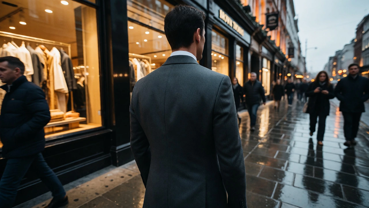 Man in well-fitted suit standing outside Brown Thomas on Grafton Street.
